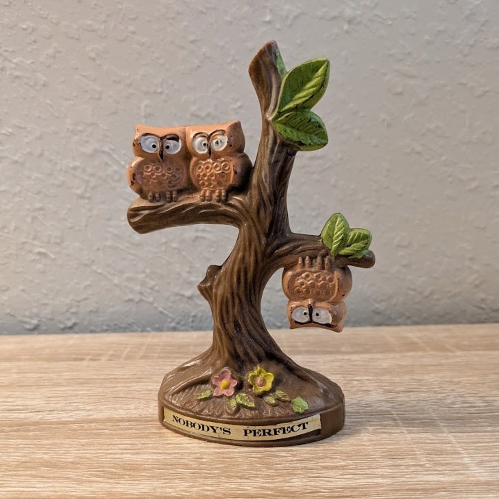 VTG Nobody's Perfect Owl Figurine Tree Branch No 581 JSNY Hong Kong Retro 1970s